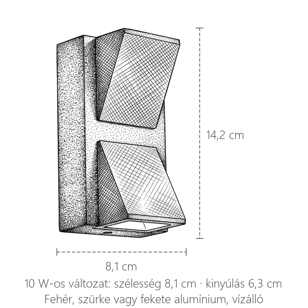 Kültéri facettás LED fali lámpa 10 W méretei: 14,2 × 8,1 cm