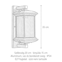 Kültéri lámpás fali lámpa méretei: 35 cm magas, 20 cm széles, 15 cm kinyúlás