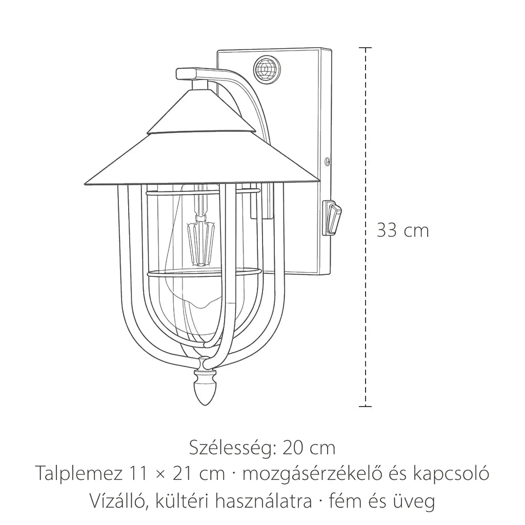 A kültéri lámpás fali lámpa méretei: magasság 33 cm, szélesség 20 cm