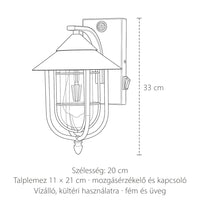 A kültéri lámpás fali lámpa méretei: magasság 33 cm, szélesség 20 cm