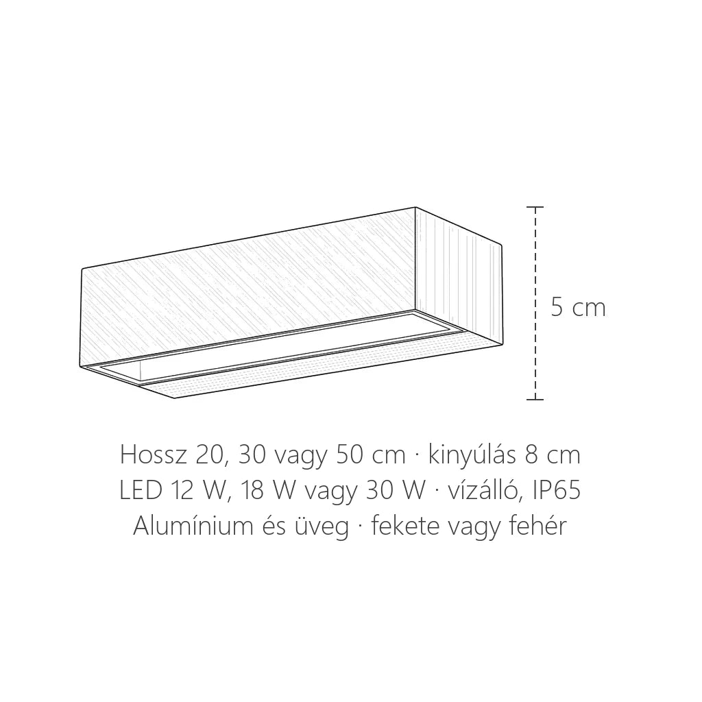 Kültéri LED fali lámpa IP65 méretei: 20, 30 vagy 50 cm hosszú, 5 cm magas