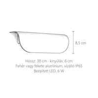 Az ívelt kültéri LED fali lámpa méretei: 30 × 8,5 cm, kinyúlás 6 cm