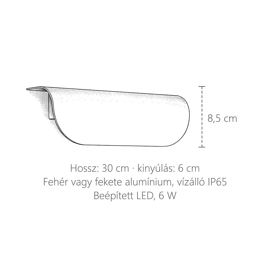 Az ívelt kültéri LED fali lámpa méretei: 30 × 8,5 cm, kinyúlás 6 cm