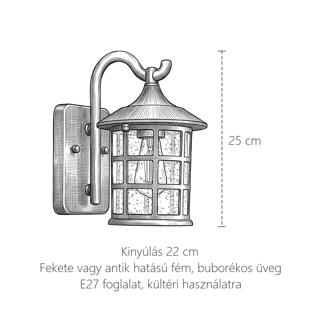 Kültéri retró kampós lámpás méretei: 25 cm magas, 22 cm kinyúlás