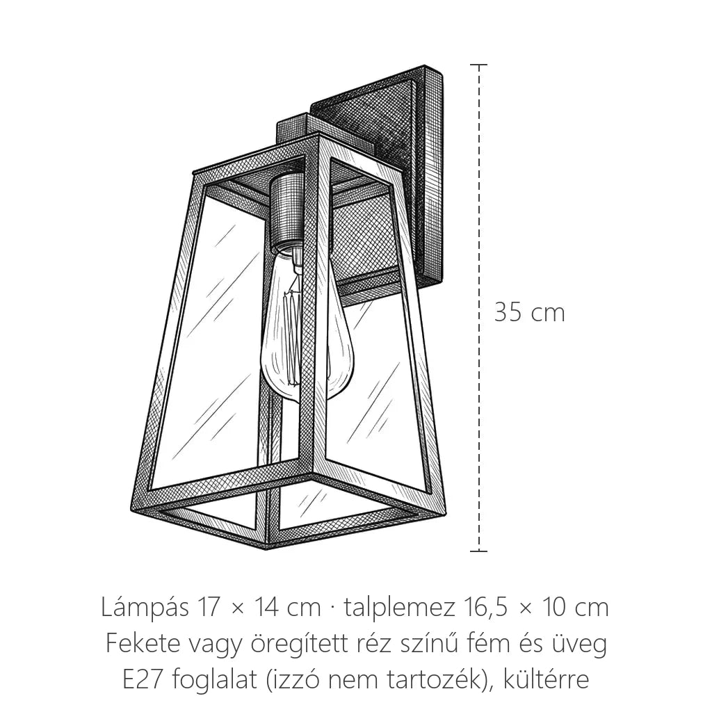 Kültéri trapéz lámpás méretei: 35 cm magas
