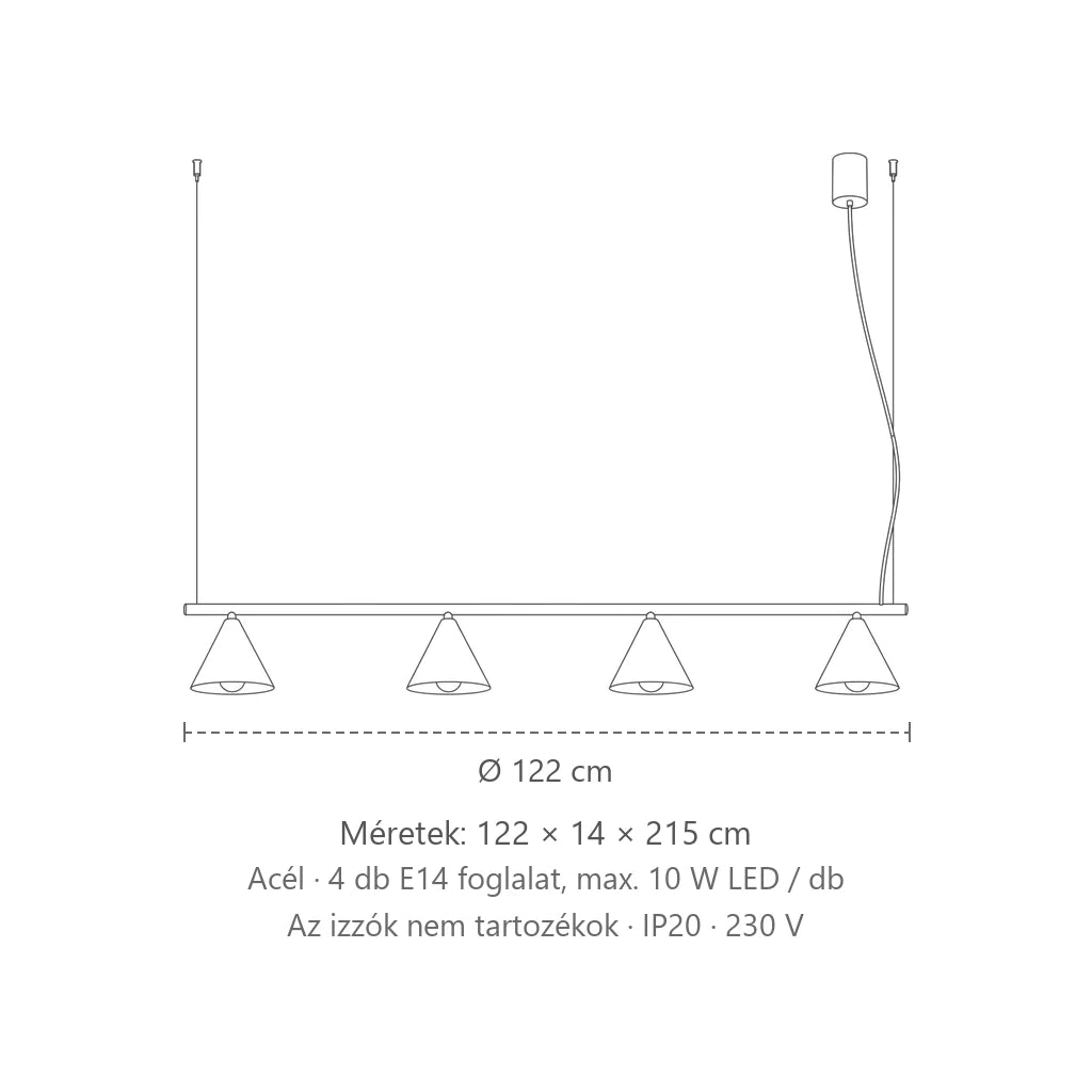 Kúp alakú acél függőlámpa méretei (4 izzós – 122 cm-es sín): 122 × 14 × 215 cm