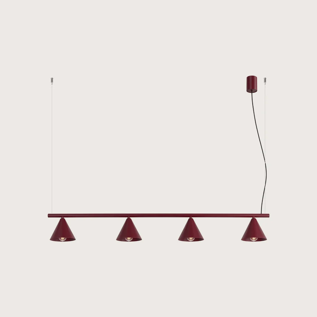 Kúp alakú acél függőlámpa, bordó (4 izzós – 122 cm-es sín)
