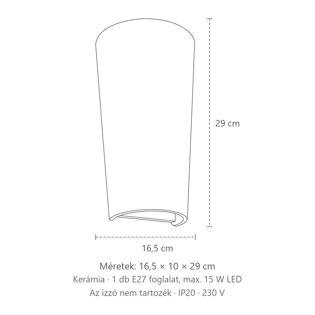 Kúp alakú fehér kerámia fali lámpa méretei: 16,5 × 10 × 29 cm