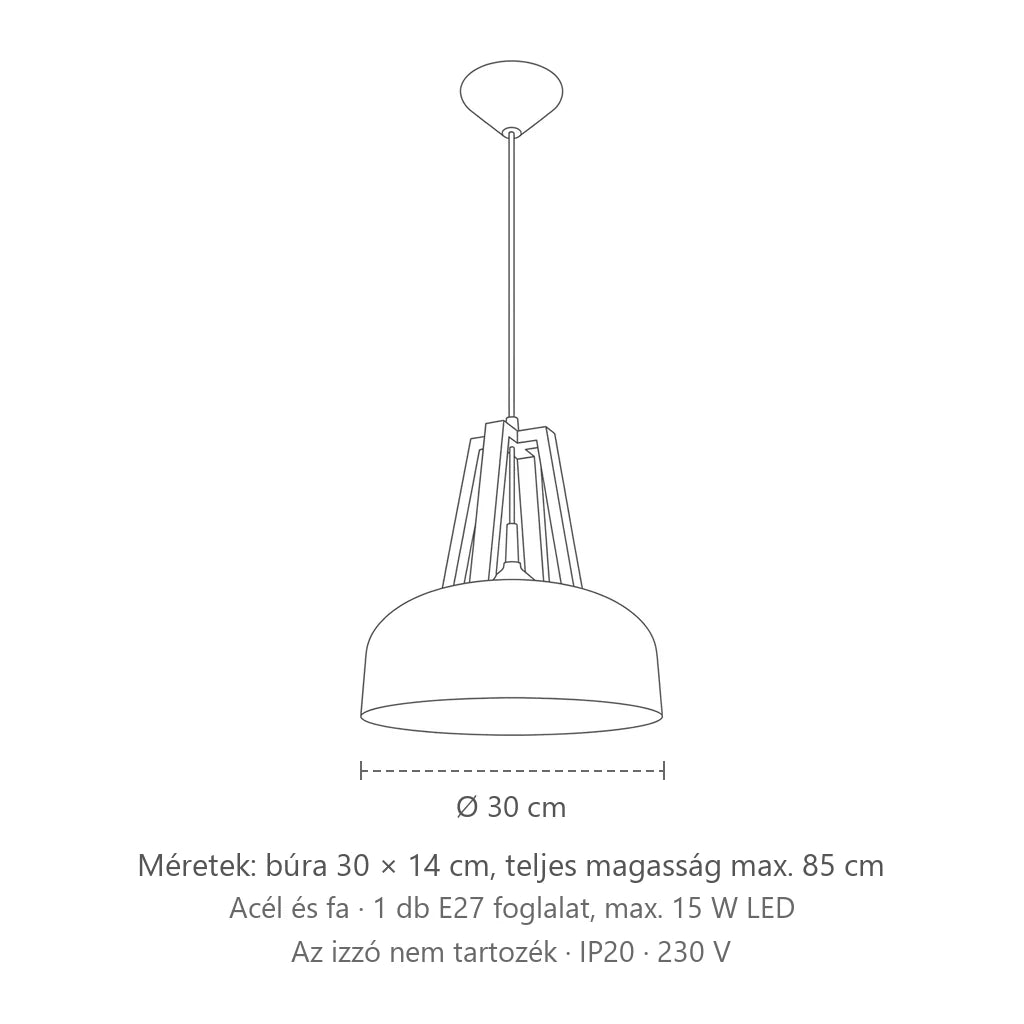 Kupola alakú fém és fa függőlámpa méretei: búra 30 × 14 cm, teljes magasság max. 85 cm