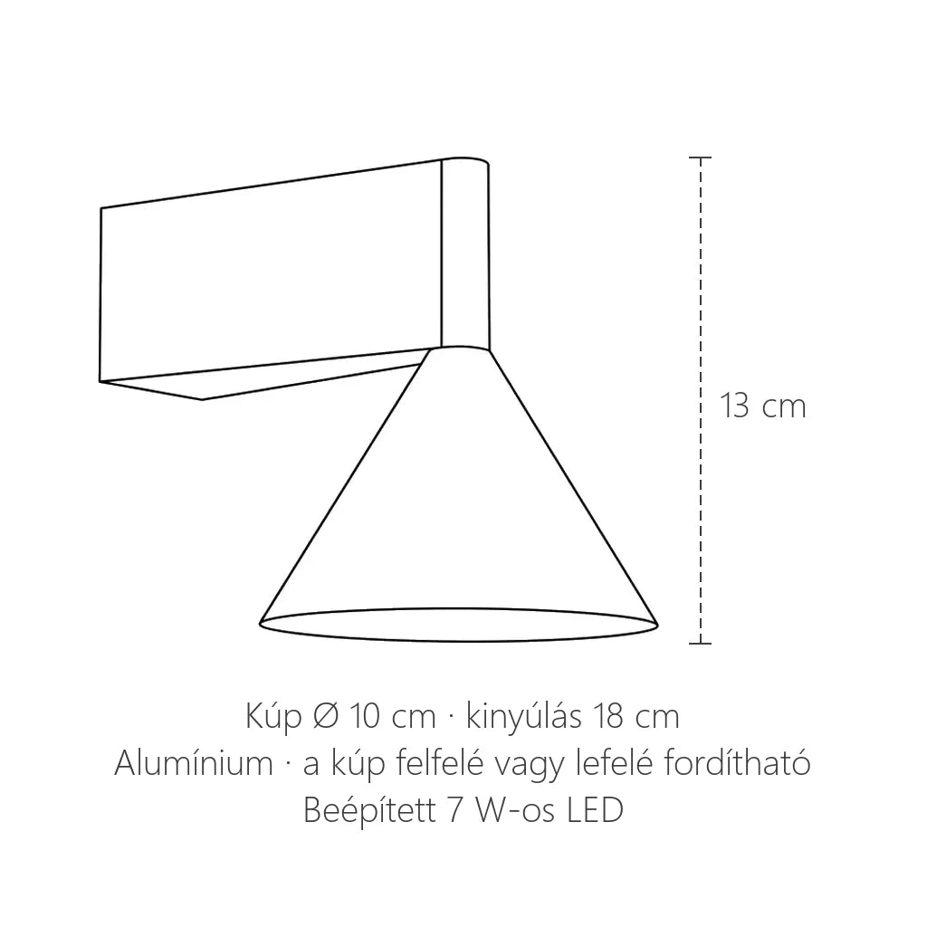 Kúpos alumínium LED fali lámpa méretei: 13 cm magas, kúp Ø 10 cm