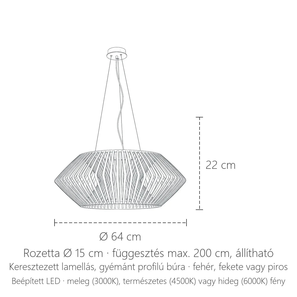 Lamellás függőlámpa méretei: Ø 64 cm, 22 cm magas