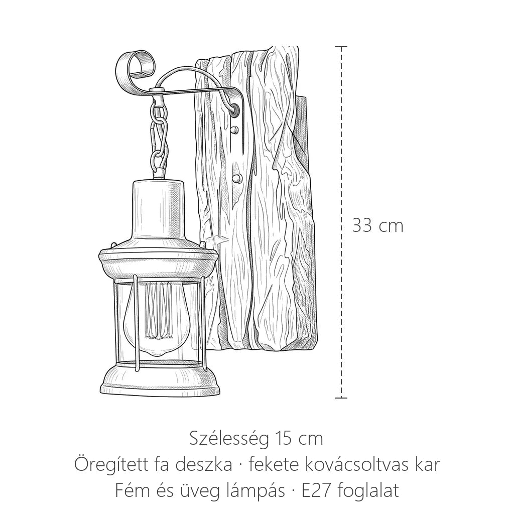 Lámpás fali lámpa öregített fa deszkán méretei: 33 cm magas, 15 cm széles