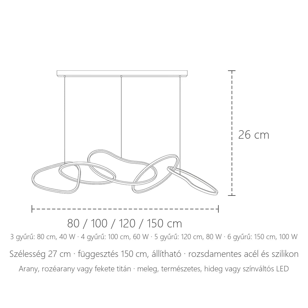 Lánc gyűrűs csillár méretei: 80–150 cm, 26 cm magas