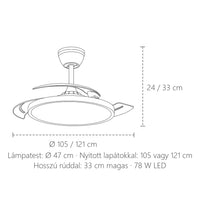 Láthatatlan lapátos ventilátor méretei: Ø 105 vagy 121 cm, 24 vagy 33 cm magas