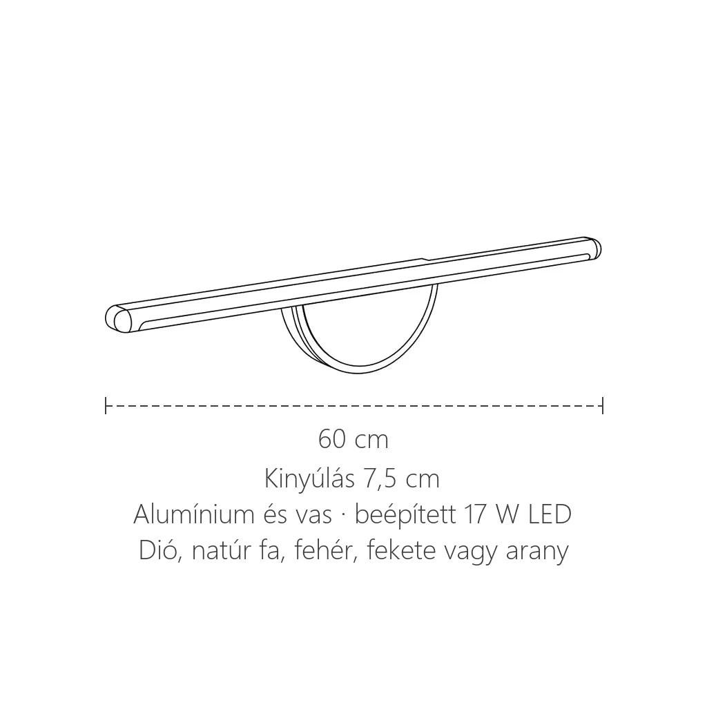 LED fényrúd félholddal méretei: 60 cm hosszú, kinyúlás 7,5 cm