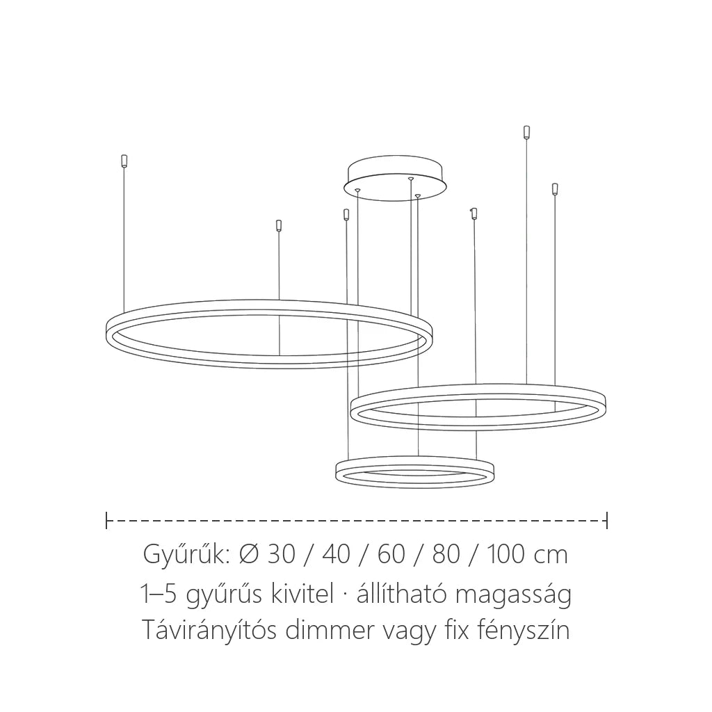 LED gyűrű csillár méretei: Ø 30–100 cm gyűrűk, 1–5 gyűrűs kivitel