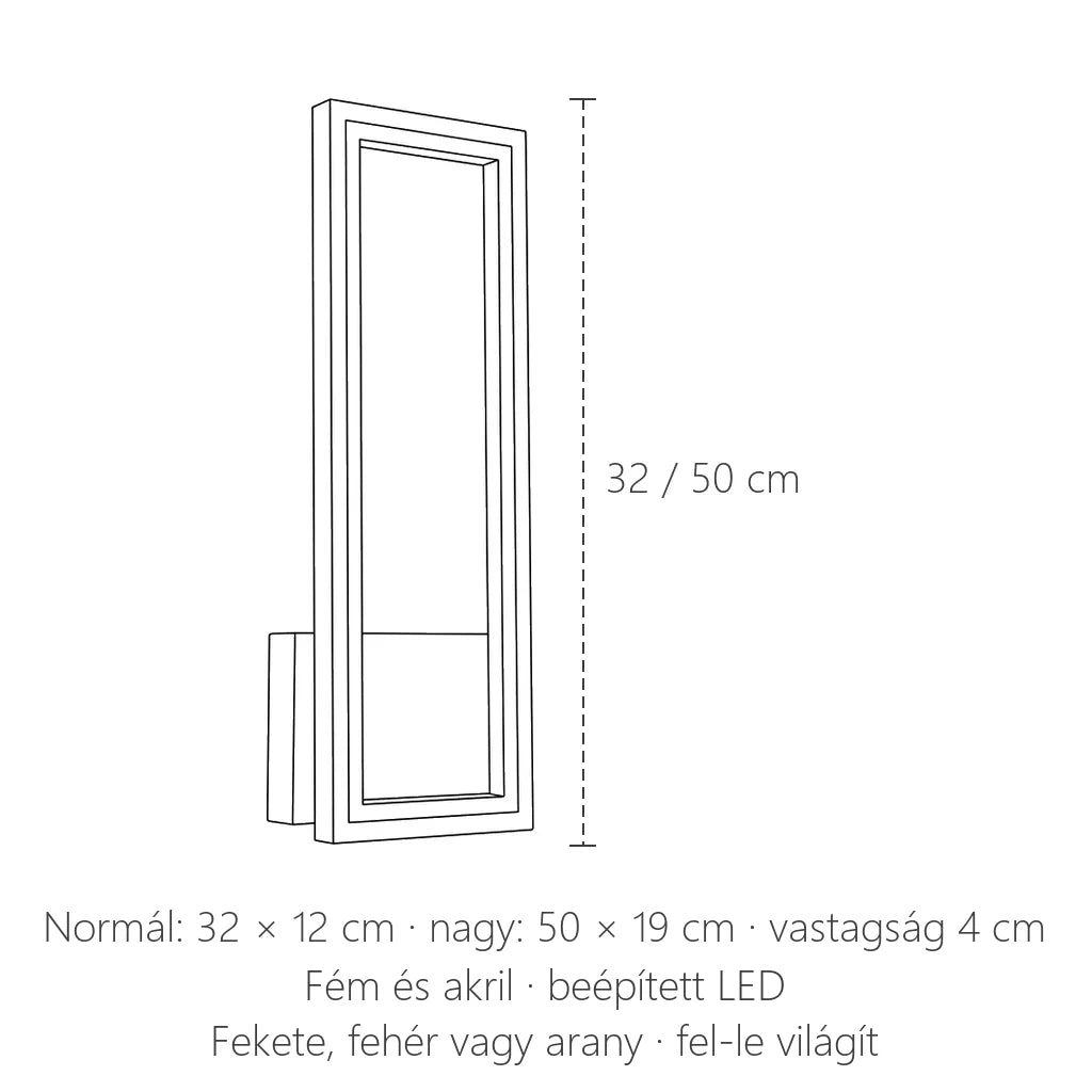 LED keretes fali lámpa méretei: 32 × 12 vagy 50 × 19 cm