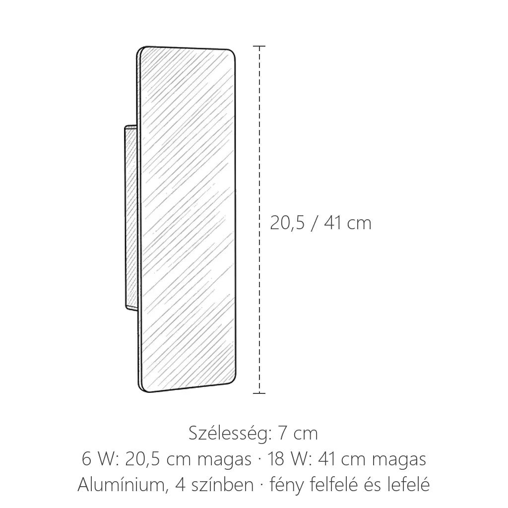 LED lap fali lámpa méretei: 20,5 vagy 41 cm magas, 7 cm széles