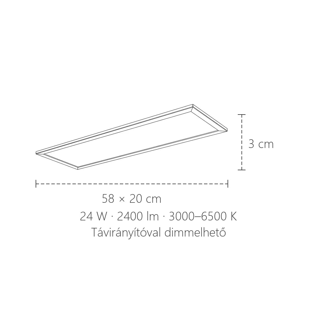 LED panel mennyezeti lámpa méretei: 58 × 20 cm, 3 cm vastag