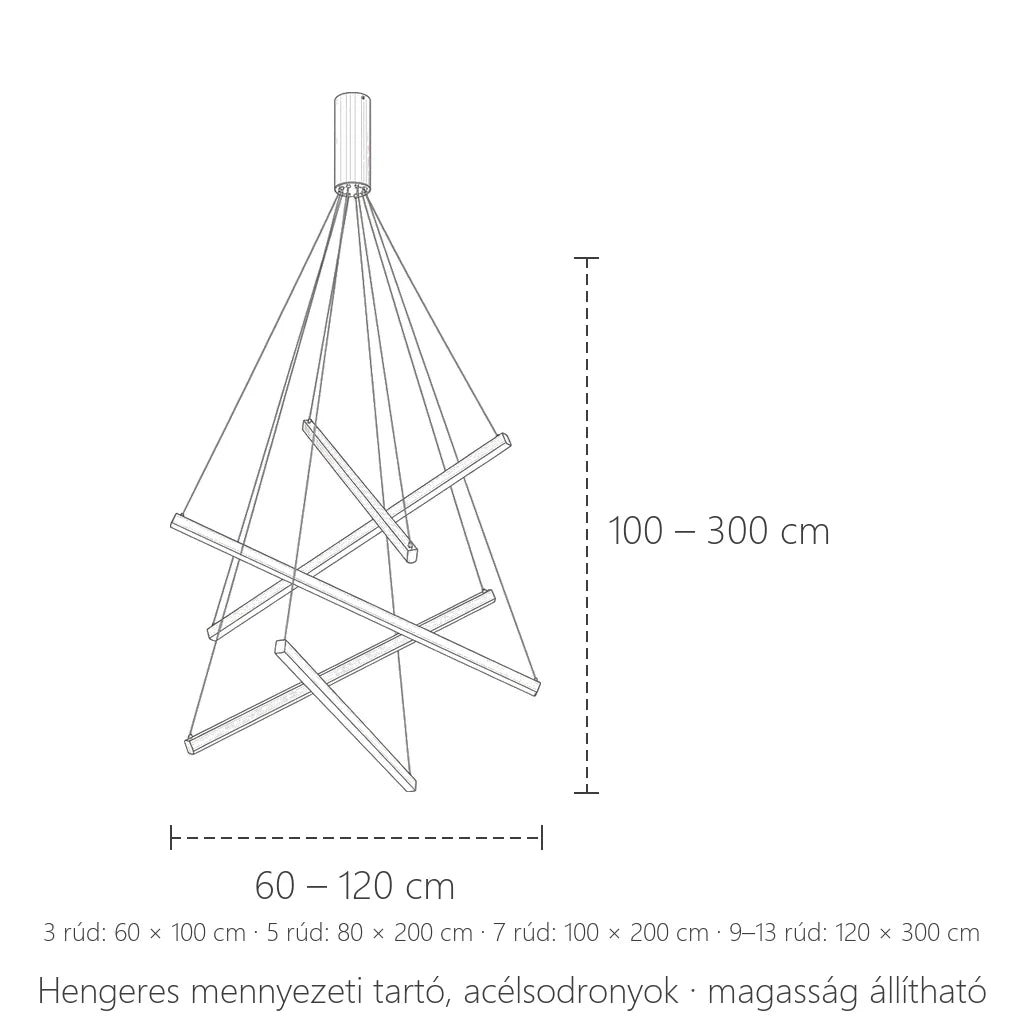 Rudas kaszkád csillár méretei: 60–120 cm, 100–300 cm