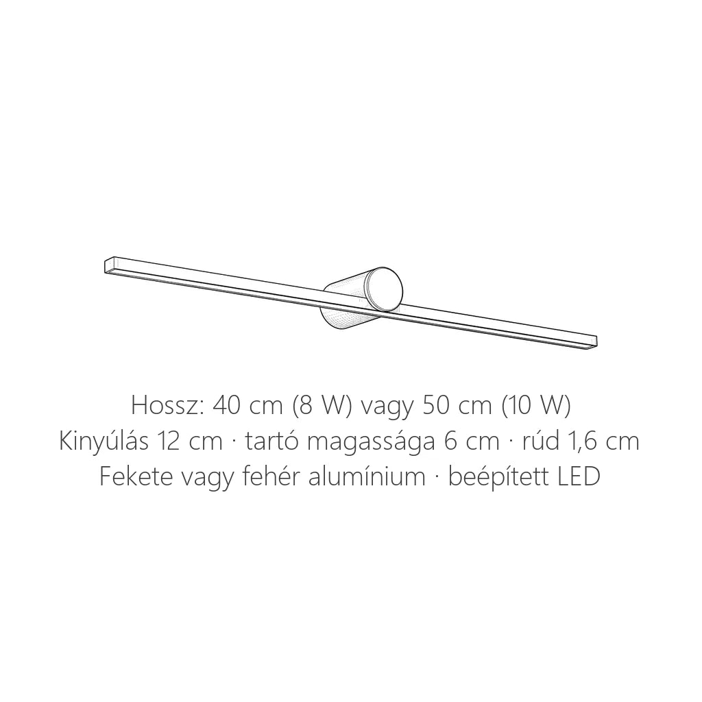 LED tükörvilágító fali lámpa méretei: 40 vagy 50 cm hosszú, 12 cm kinyúlás