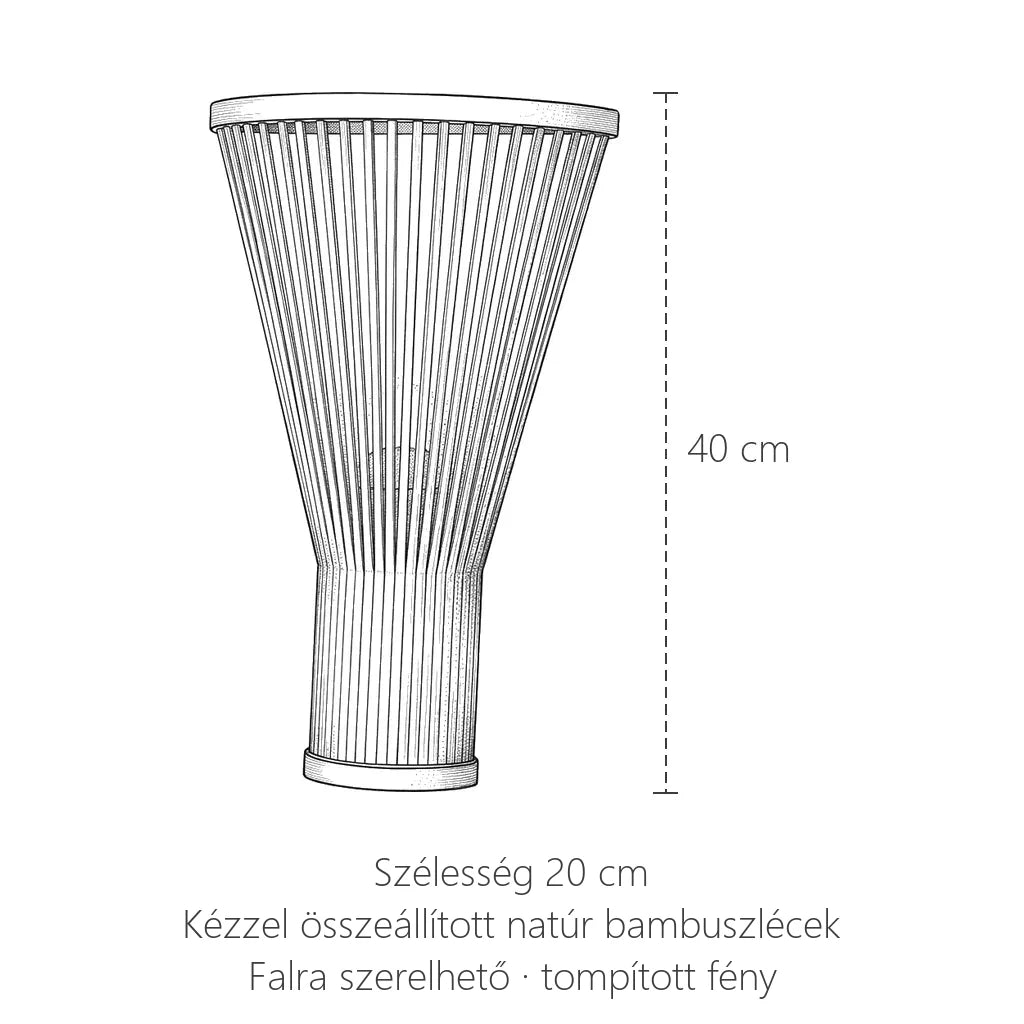 Legyező alakú bambusz fali lámpa méretei: 40 cm magas, 20 cm széles