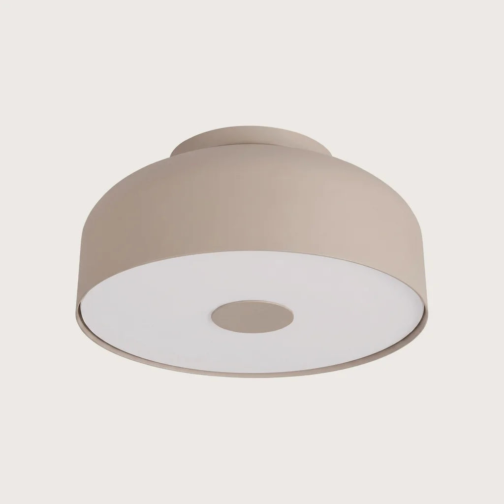 Lekerekített kerek mennyezeti lámpa tejfehér búrával, taupe