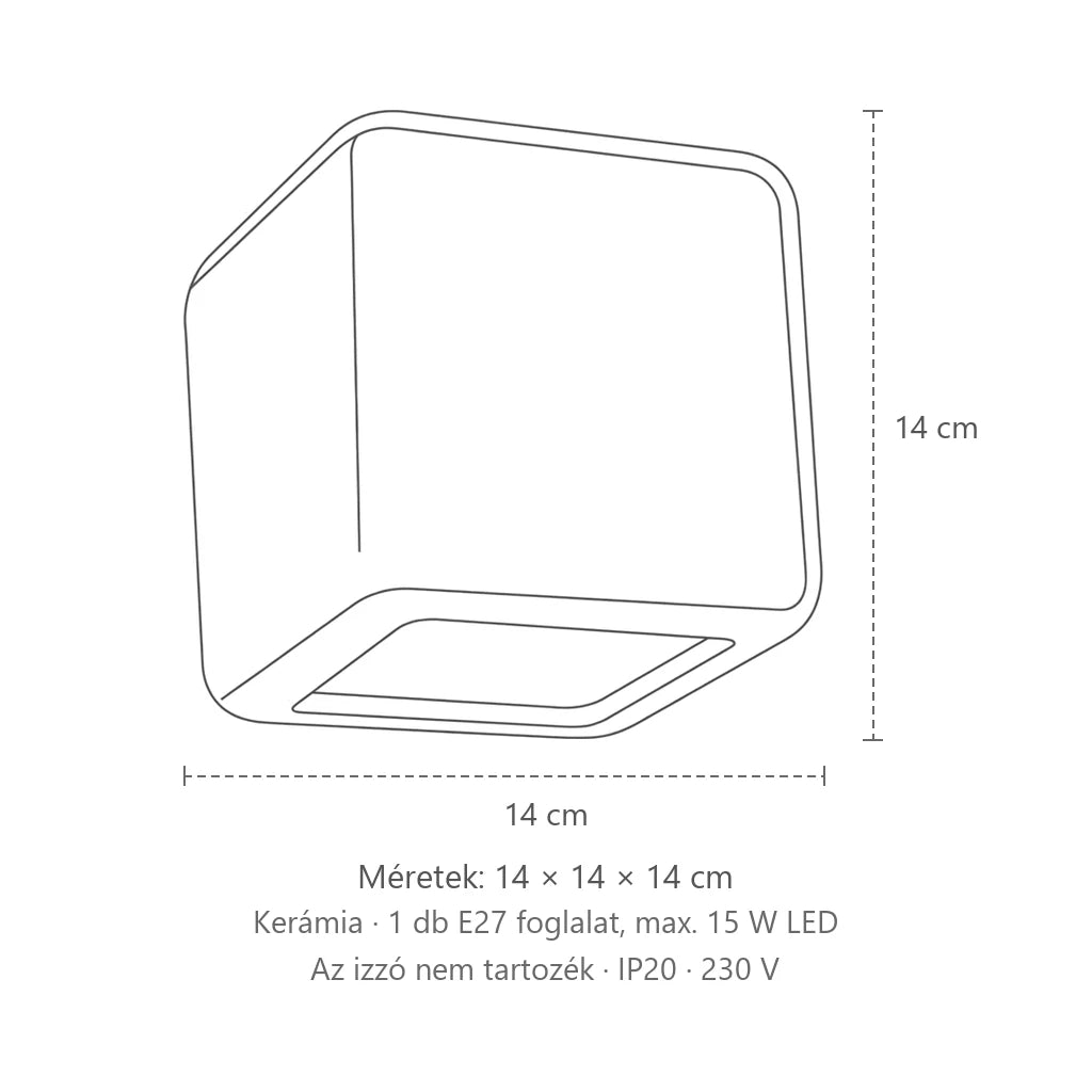 Lekerekített kocka kerámia fali lámpa méretei: 14 × 14 × 14 cm