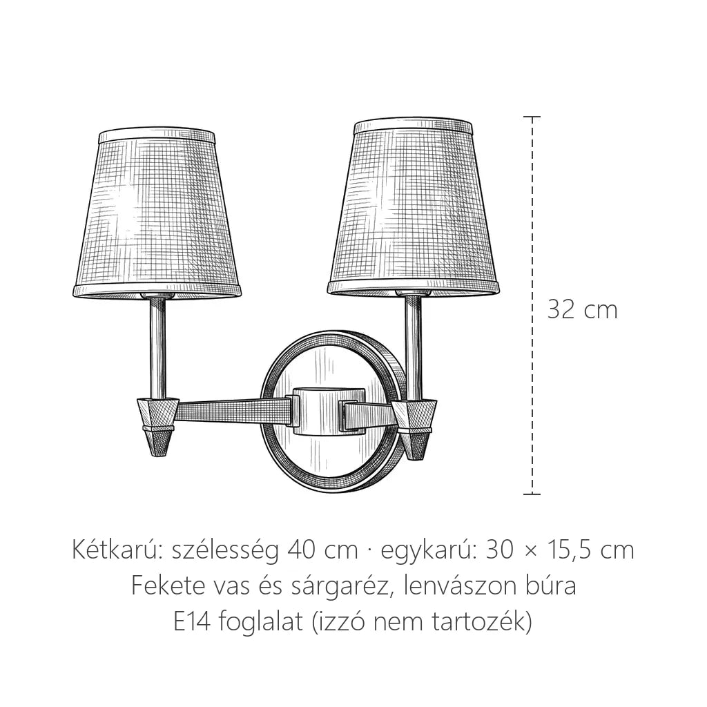 Lenvászon búrás fali lámpa méretei: kétkarú 32 × 40 cm