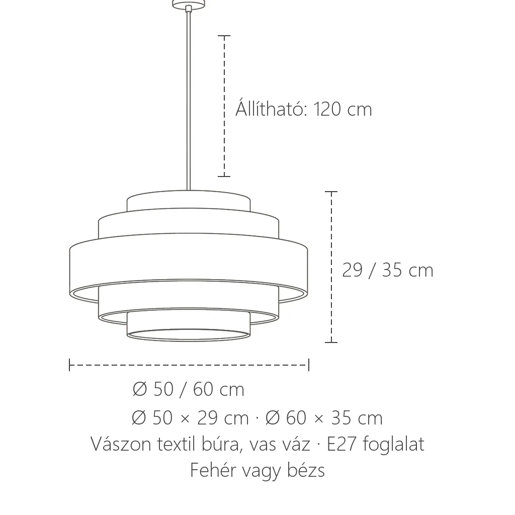 Vászon függőlámpa méretei: Ø 50 / 60 cm