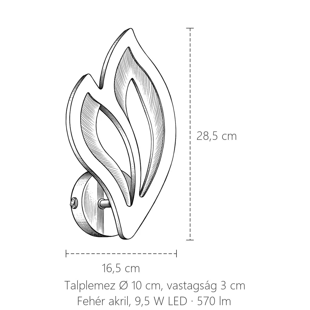 Levél formájú LED fali lámpa méretei: 28,5 × 16,5 cm