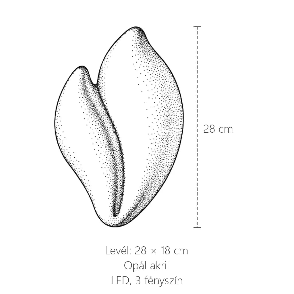 Levél LED fali lámpa méretei: 28 × 18 cm