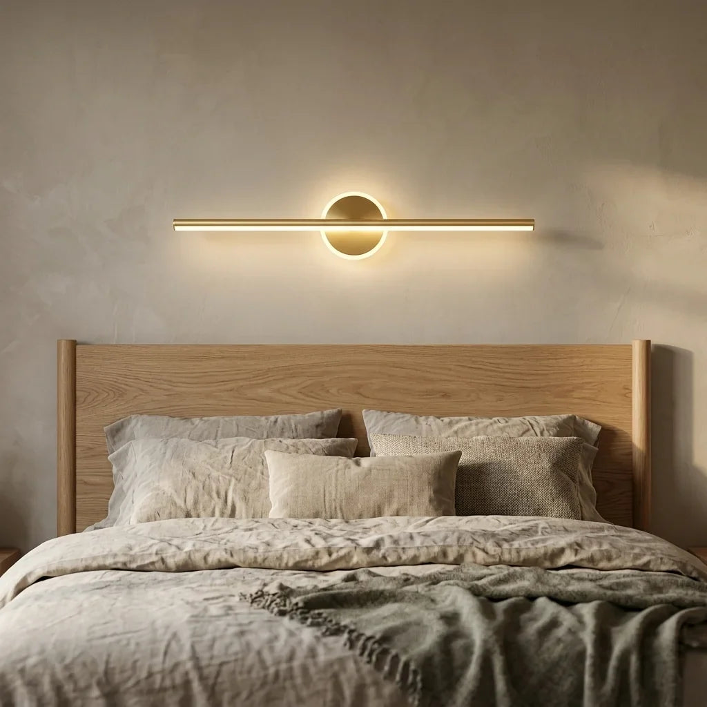Arany LED lámpa egy tölgyfa ágytámla fölött, világítva