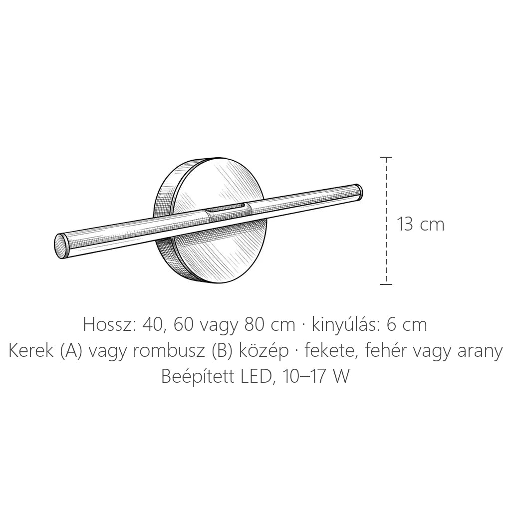 Lineáris LED tükörlámpa méretei: 40, 60 vagy 80 cm, 13 cm magas