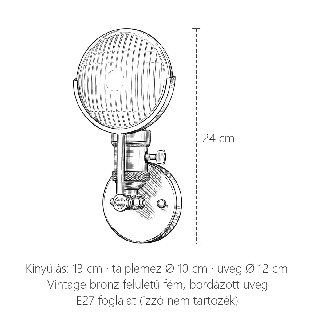 Loft ipari bronz fali lámpa méretei: 24 cm magas, kinyúlás 13 cm