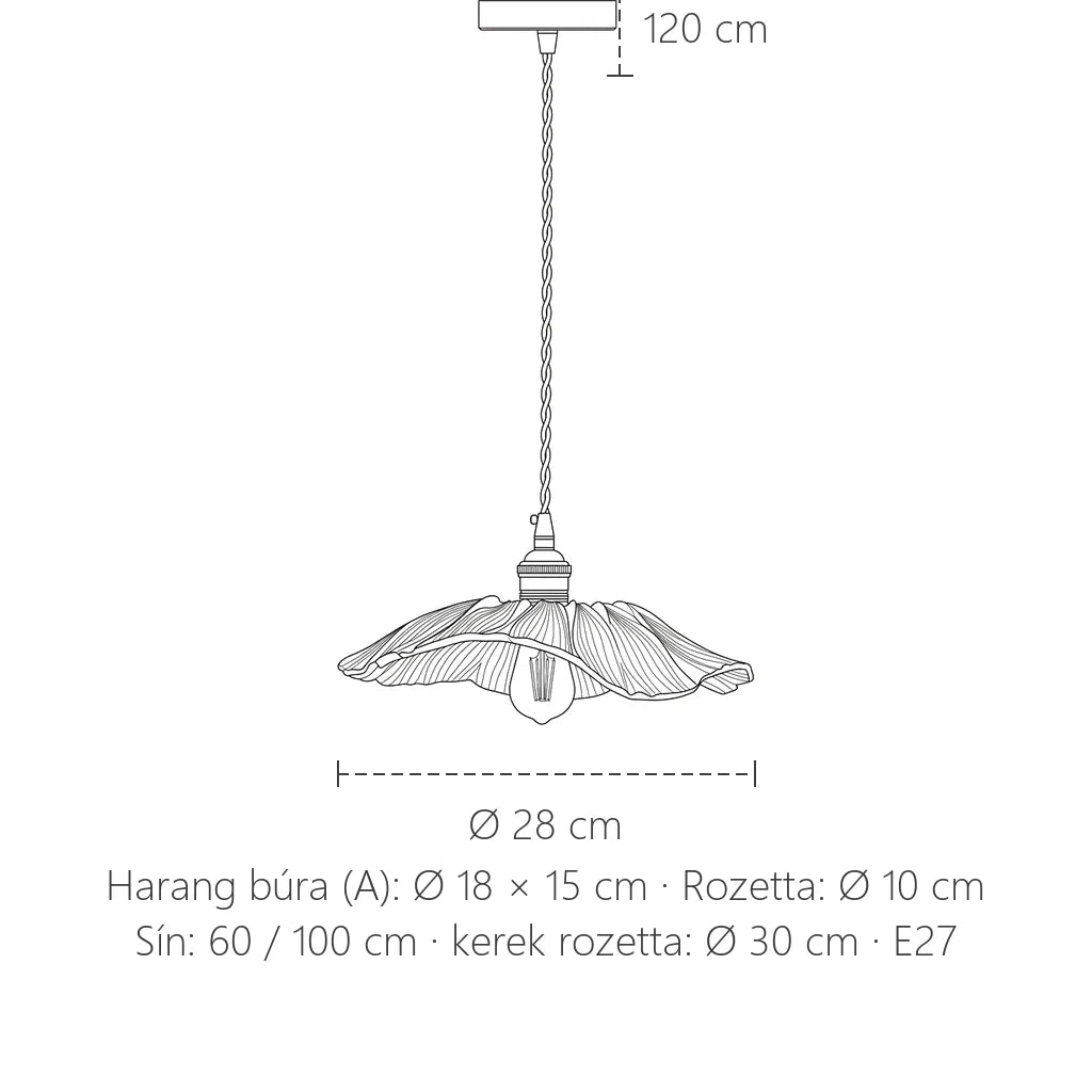 Lótuszlevél üveglámpa méretei: Ø 28 vagy 18 cm búra, 120 cm kábel