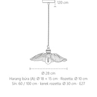 Lótuszlevél üveglámpa méretei: Ø 28 vagy 18 cm búra, 120 cm kábel