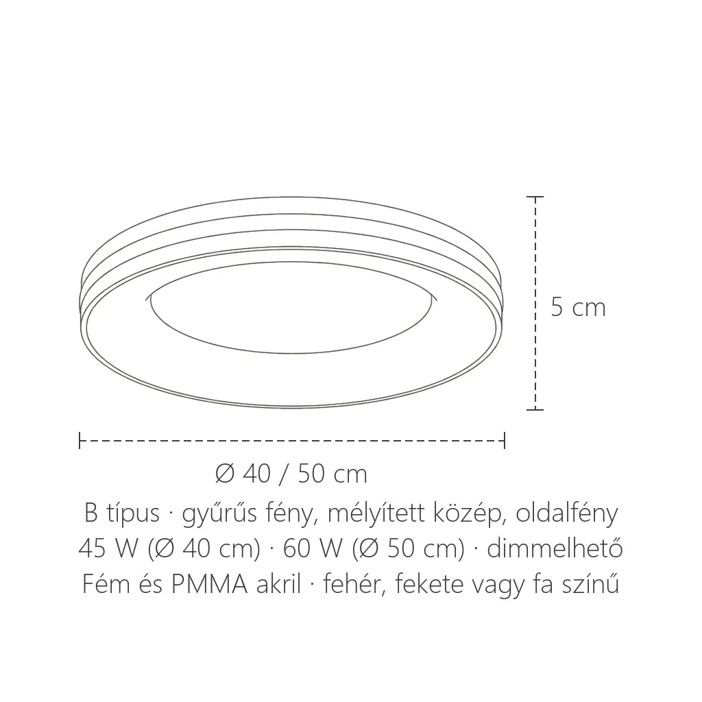 B típus méretei: Ø 40 / 50 cm, 5 cm magas