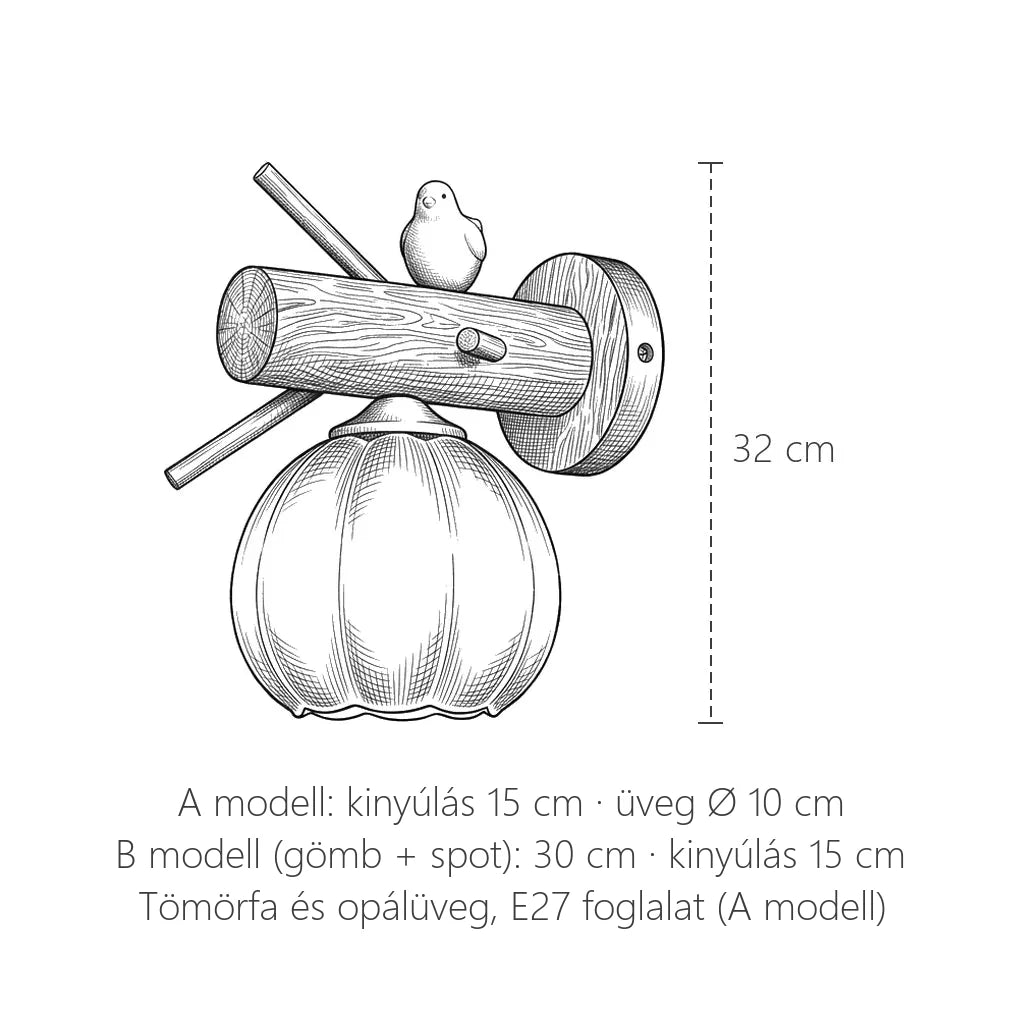 A madárkás fa fali lámpa méretei: magasság 32 cm, kinyúlás 15 cm