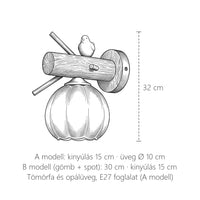 A madárkás fa fali lámpa méretei: magasság 32 cm, kinyúlás 15 cm