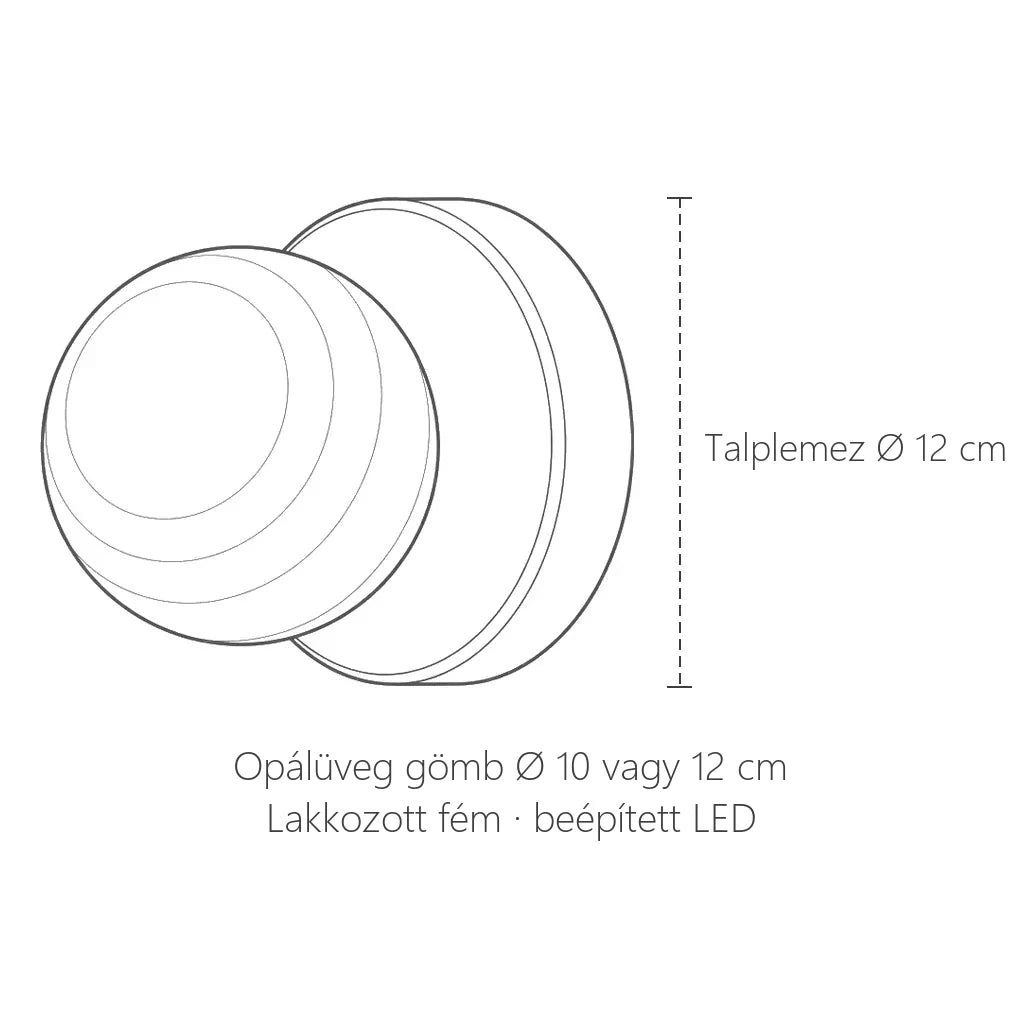 Makaron mini fali lámpa méretei: talplemez Ø 12 cm, gömb Ø 10 vagy 12 cm