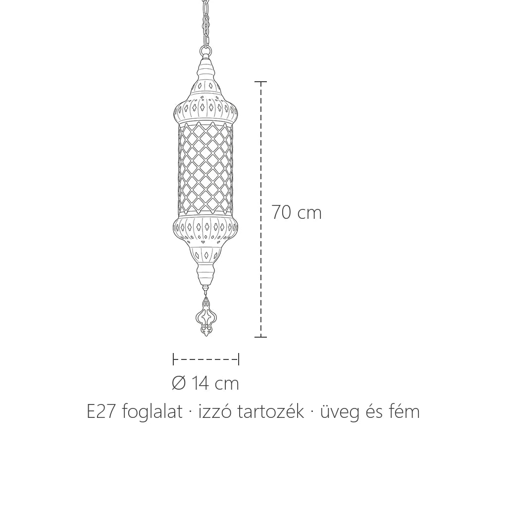 Marokkói üveg függőlámpa méretei: Ø 14 cm, 70 cm magas