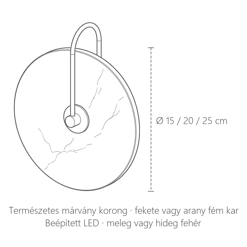 A márvány hold fali lámpa méretei: Ø 15, 20 vagy 25 cm