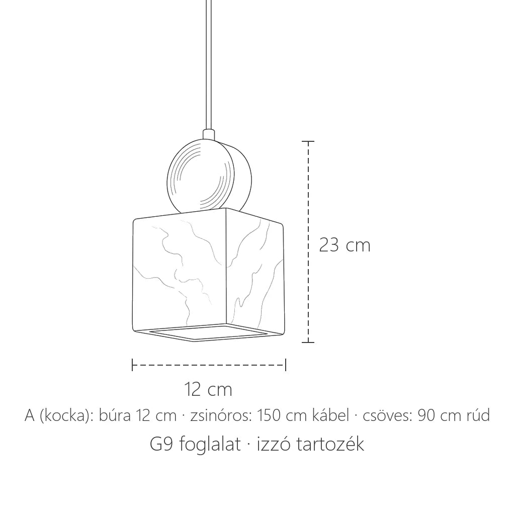 Márvány kocka függő lámpa méretei: 12 × 12 cm, 23 cm magas