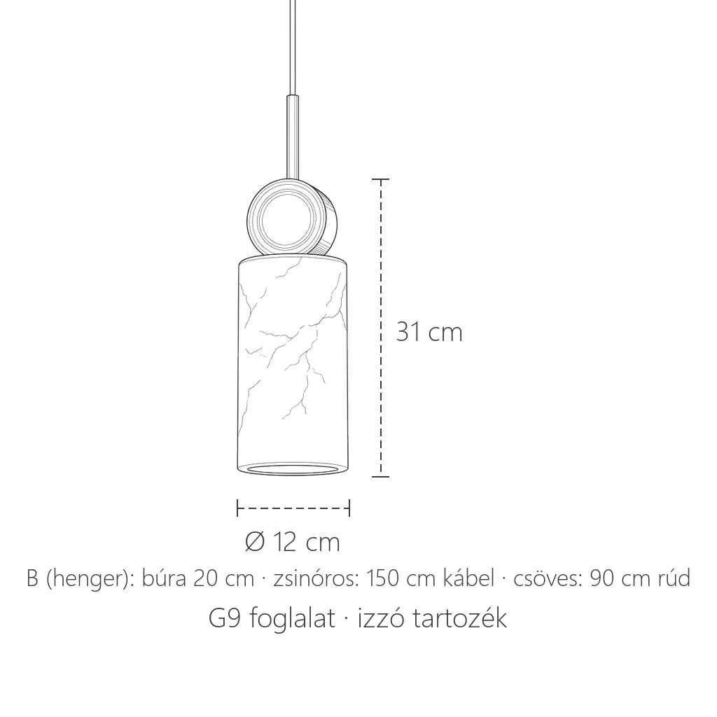Márvány henger függő lámpa méretei: Ø 12 cm, 31 cm magas