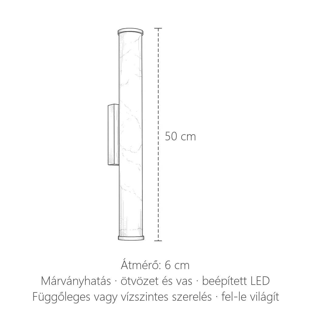 Márványhatású henger LED fali lámpa méretei: 50 cm hosszú, Ø 6 cm