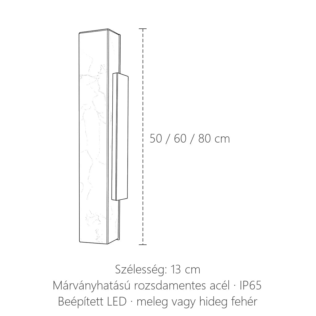 Márványhatású kültéri LED fali lámpa méretei: 50, 60 vagy 80 cm magas, 13 cm széles
