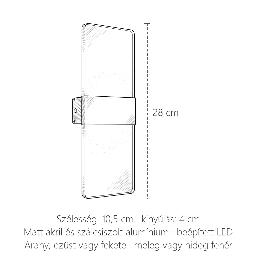 Matt akril LED fali lámpa méretei: 28 cm magas, 10,5 cm széles