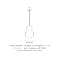 Matt üveg gömb és natúr fa függőlámpa méretei: búra FI11 cm, teljes magasság max. 124 cm