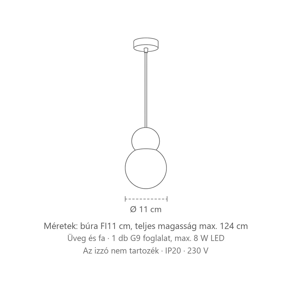 Matt üveg gömb és natúr fa függőlámpa méretei: búra FI11 cm, teljes magasság max. 124 cm